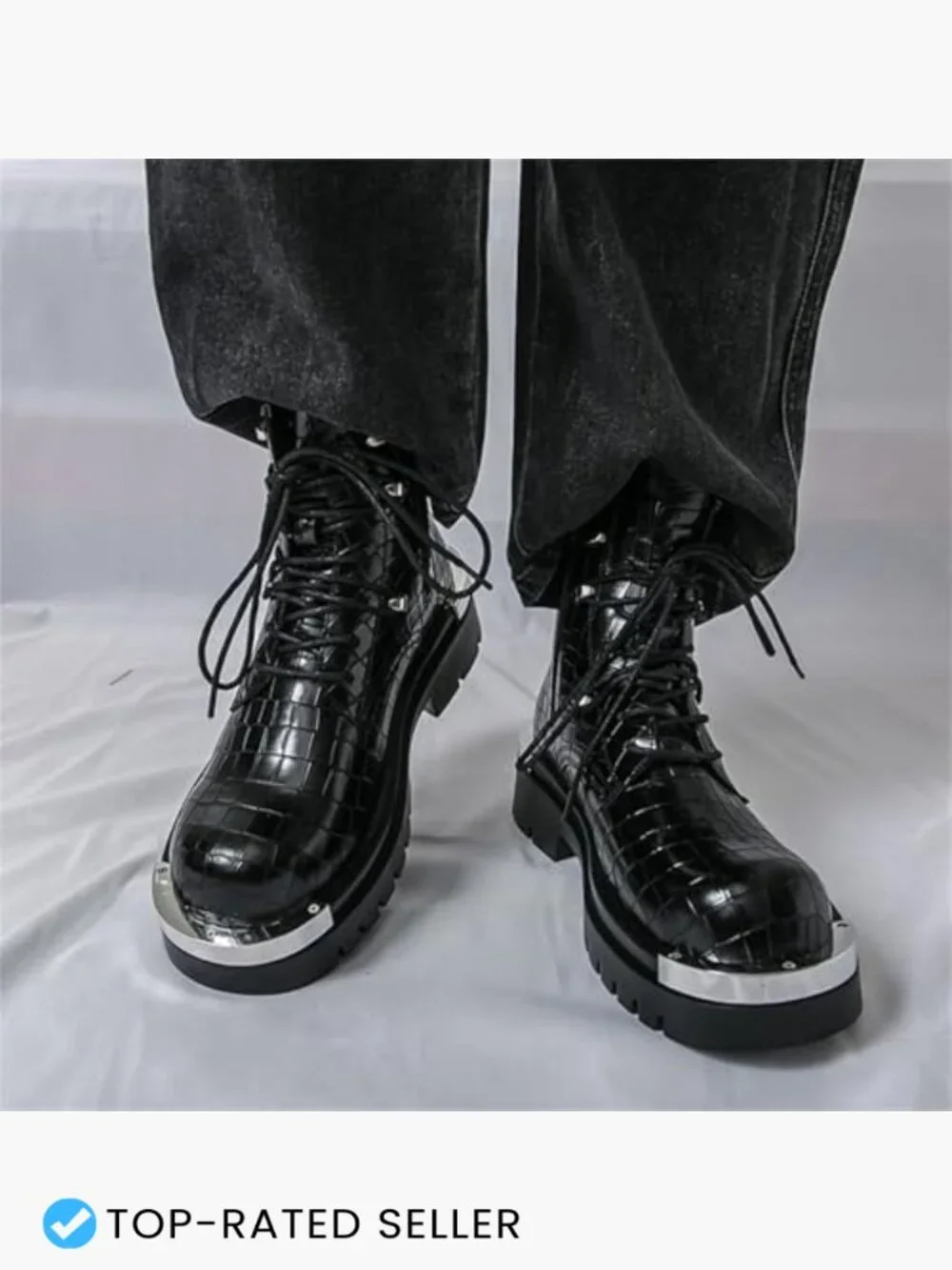 Stone Texture Patent Leather Lace Up Platform Ankle Combat Boots with Metal